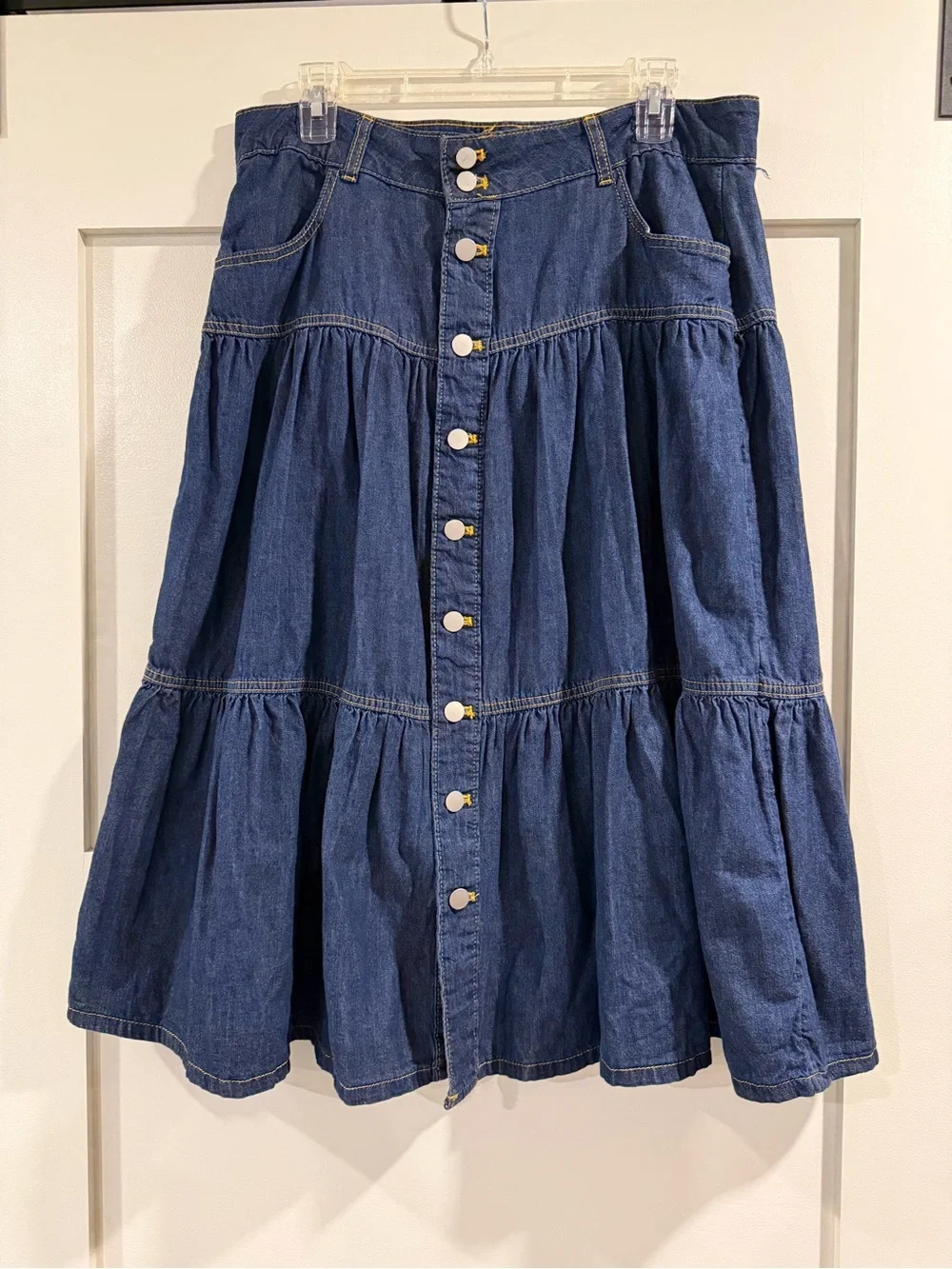 Denim Tiered Button-Front Midi Skirt - Blue - Picture 1 of 2